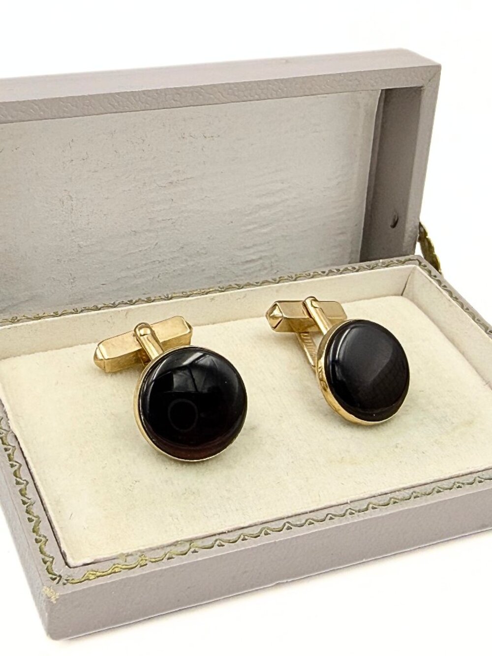 Swank Signed MCM Round Cranberry Red Glass Minimalist Gold Plated Cufflinks